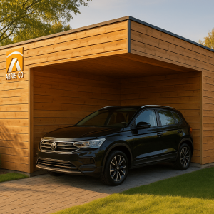 Carport bois moderne installé dans un jardin en Belgique avec une voiture abritée