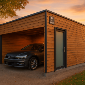 Carport bois en kit moderne dans un jardin en Suisse au coucher de soleil