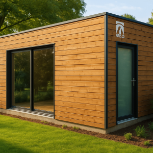 Studio de jardin en bois moderne posé dans un jardin français avec bardage naturel et grandes fenêtres