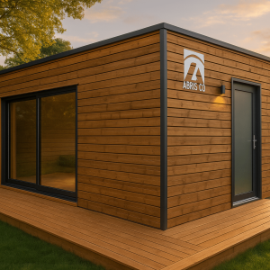 Studio de jardin en bois placé dans un jardin verdoyant avec terrasse en bois et grande baie vitrée