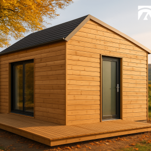 Tiny house en bois posée dans un jardin paysager avec terrasse, intégrée dans un environnement naturel verdoyant