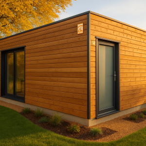 Garage bois ossature bois intégré dans un jardin paysager en France en fin de journée, mettant en valeur la structure et le bois naturel