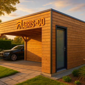 Carport bois moderne installé dans un jardin français, mettant en valeur la structure en bois et l’intégration paysagère.