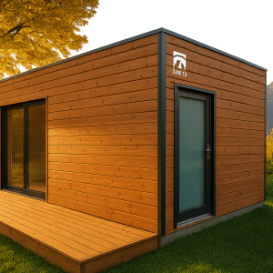 Studio de jardin en bois moderne installé dans un jardin en Suisse avec vue sur ossature et bardage bois
