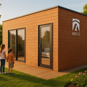 Abri bois made in France moderne dans un jardin contemporain avec finitions naturelles et toit plat