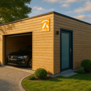 Garage ossature bois moderne en situation dans un jardin du Jura au coucher du soleil