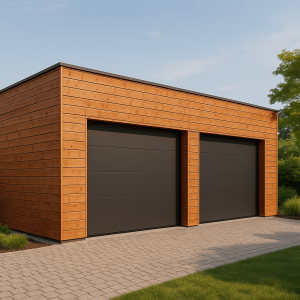 Garage bois 2 voitures moderne avec toit plat et bardage naturel dans un jardin contemporain en Bourgogne-Franche-Comté