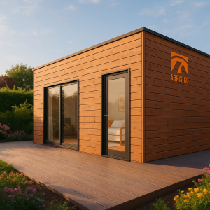 Abri de jardin personnalisable en bois naturel avec toiture plate dans un jardin moderne en Franche-Comté