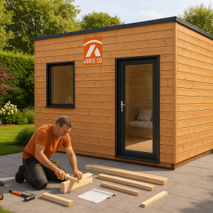 Abri de jardin bois moderne en kit facile à monter avec notice et outils dans un jardin contemporain