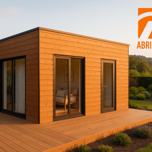 Abri extérieur bois moderne en kit dans un jardin contemporain avec terrasse bois, lumière naturelle et finitions soignées