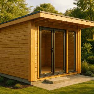 Kit studio de jardin en bois moderne installé dans un jardin vert avec éclairage de fin d'après-midi