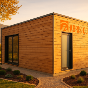 Studio de jardin en ossature bois installé dans un jardin en région Jura, vue extérieure avec intégration paysagère et bardage en bois naturel