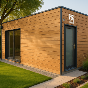 Construction ossature bois moderne dans un jardin avec vue sur la structure et l'environnement paysager