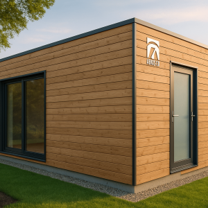 Garage ossature bois en kit moderne installé dans un jardin suisse avec une intégration paysagère soignée.