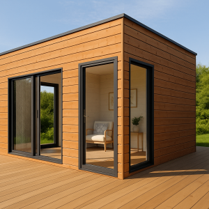 Abri de jardin haut de gamme en bois avec toit plat et grandes ouvertures dans un jardin contemporain