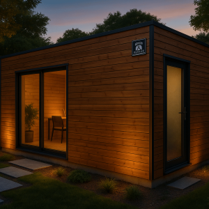 Bureau de jardin en bois moderne installé dans un jardin accueillant au coucher de soleil