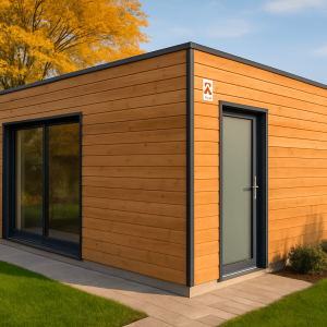 Garage en ossature bois moderne dans un jardin paysagé avec lumière de fin d’après-midi