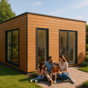 Studio de jardin sur mesure en ossature bois moderne avec toit plat et grandes baies vitrées dans un jardin aménagé