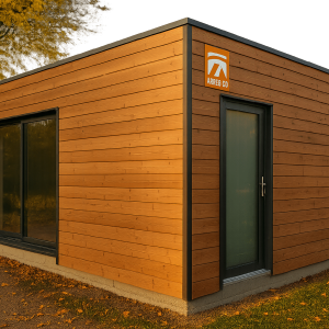 Kit ossature bois Abris-Co installé dans un jardin résidentiel en France, mettant en valeur le bois naturel et l’intégration paysagère.