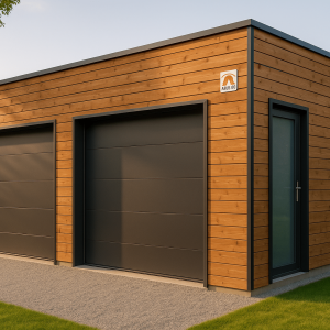 Garage bois double en ossature bois dans un jardin belge avec bardage naturel et toiture premium