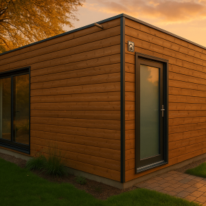 Garage ossature bois moderne avec bardage naturel dans un jardin belge, lumière douce au coucher du soleil