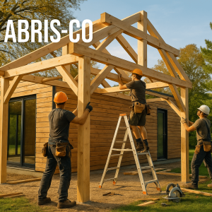 Projet d'autoconstruction en ossature bois en cours dans un jardin, vue de la structure bois et de la charpente avec des artisans au travail