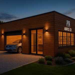 Garage bois avec atelier intégré contemporain en ossature bois, bois naturel, toit plat, grand vitrage, voiture stationnée, environnement jardin paysagé
