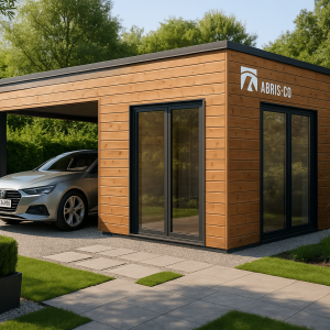 Garage ossature bois toit plat moderne dans un jardin contemporain avec voiture stationnée