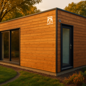 Studio de jardin en bois moderne intégré dans un jardin verdoyant avec une belle finition en bardage bois naturel