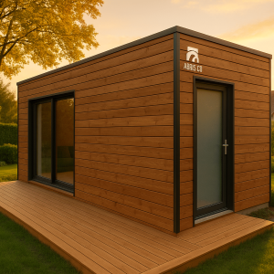 Chambre indépendante en bois dans un jardin suisse, bardage naturel et terrasse bois à la golden hour