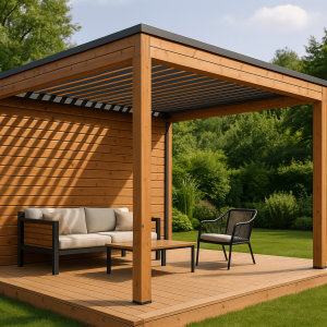 Pergola bois moderne installée dans un jardin contemporain avec mobilier de terrasse et végétation