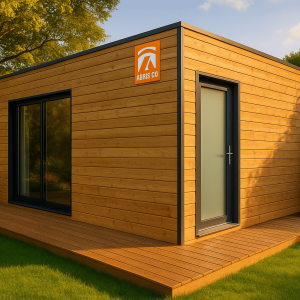 Garage ossature bois moderne en situation dans un jardin circulaire avec terrasse en bois, sous lumière dorée