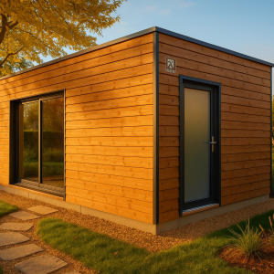 Abri de jardin ossature bois installé dans un jardin français, vue extérieure valorisant les matériaux et l’intégration paysagère