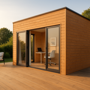 Bureau de jardin en bois moderne avec grandes baies vitrées ouvert sur un jardin, ambiance chaleureuse et design contemporain