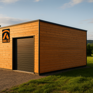 Garage ossature bois moderne et sur mesure dans le Jura avec bardage naturel classe 3
