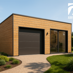 Garage bois 1 voiture moderne en ossature bois avec toiture plate dans un jardin contemporain