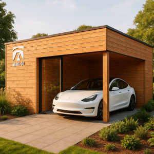 Carport bois sur mesure moderne avec toit plat dans un jardin contemporain, finition bois naturel et véhicule garé sous l'abri