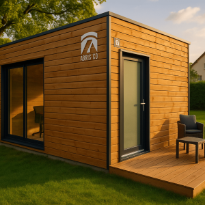 Bureau de jardin en bois moderne dans un jardin avec terrasse en lumière douce