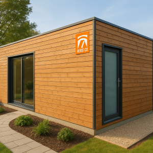 Construction ossature bois en kit moderne implantée dans un jardin en France, avec bardage naturel et toiture contemporaine sous lumière douce.