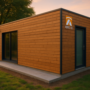Studio de jardin en bois avec fondations en béton dans un jardin paysager au coucher de soleil