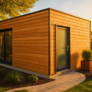 Studio de jardin en ossature bois dans un jardin en France, avec bardage naturel et toiture soignée