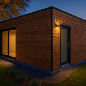 Garage bois moderne en ossature bois intégré dans un jardin résidentiel suisse, au coucher de soleil