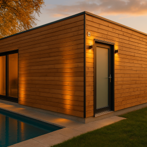 Pool house en ossature bois contemporain installé dans un jardin suisse avec piscine