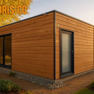 Studio de jardin bois moderne installé dans un jardin en Belgique avec bardage naturel et toit plat sous lumière dorée