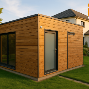 Garage ossature bois moderne dans un jardin verdoyant avec maison contemporaine en arrière-plan
