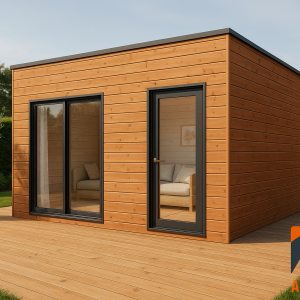 Abri de jardin en bois à toit plat moderne avec bardage en bois naturel dans un jardin contemporain