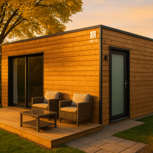 Pool house en bois moderne dans un jardin avec terrasse et mobilier d'extérieur, sous lumière naturelle douce au coucher du soleil
