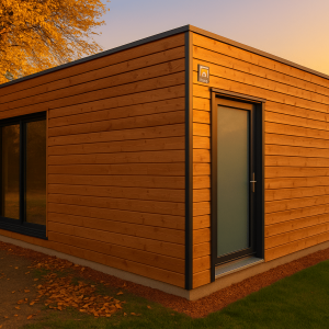 Studio de jardin en bois dans un jardin paysager français à la golden hour