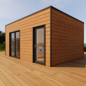 Garage bois sur mesure contemporain en ossature bois avec bardage naturel et toiture plate dans jardin résidentiel