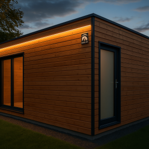 Studio de jardin en ossature bois intégré dans un paysage naturel en Suisse avec lumière douce